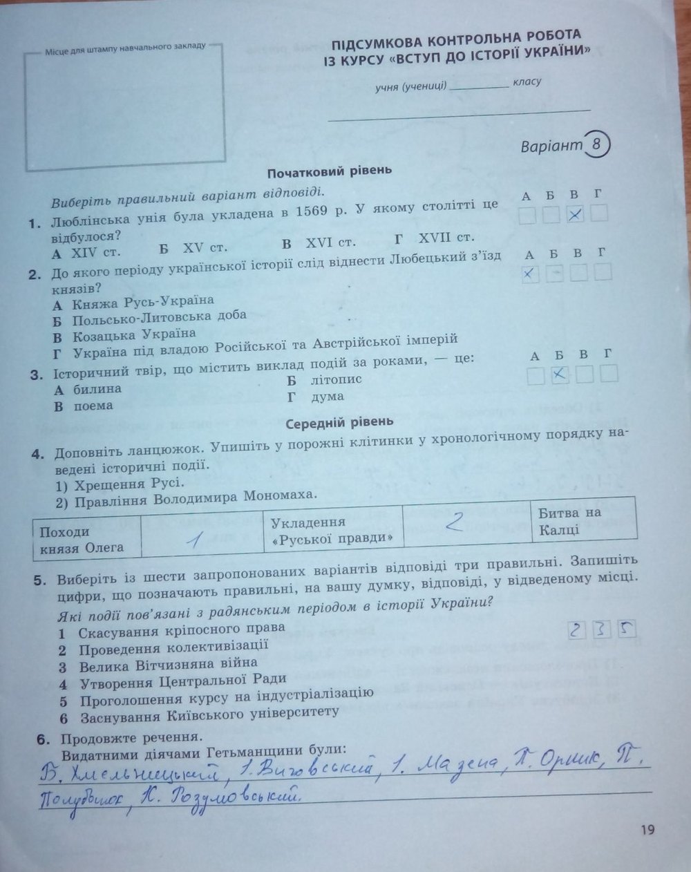 Вступ до історії України 5 клас. Підсумкові контрольні роботи Святокум О. Є. Страница str19